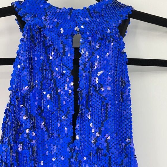 Zara Blue Sequin Sleeveless Halter Keyhole Slit Bodycon Party Midi Dress Medium - Picture 6 of 11